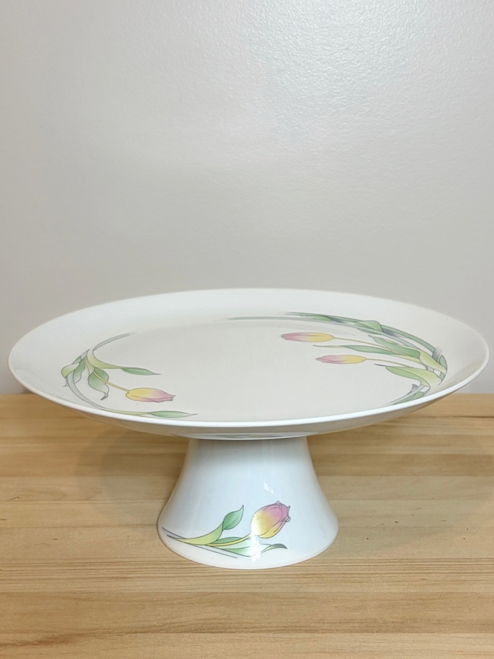 Vintage Pastel Floral Pedestal Cake Stand Tulip Cottage Decor Japan